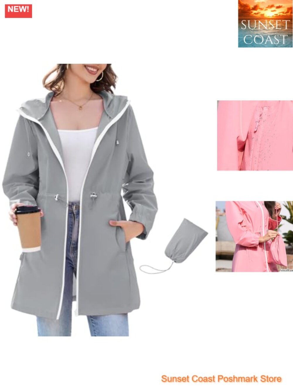 Womens Waterproof Packable Rain Jacket Lightweight Hooded Long Trench Coat
